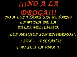 ¡¡¡NO A LA
DROGA!!!NO A LOS VIAJES SIN RETORNONO A LOS VIAJES SIN RETORNO
EN BUSCA DE LAEN BUSCA DE LA
FALSA FELICIDAD.
¡LOS ADICTOS SON ENFERMOS!¡LOS ADICTOS SON ENFERMOS!.
¡ SON ... ESCLAVOS.¡ SON ... ESCLAVOS.
¡¡¡ DI SI, A LA VIDA !!!.
 