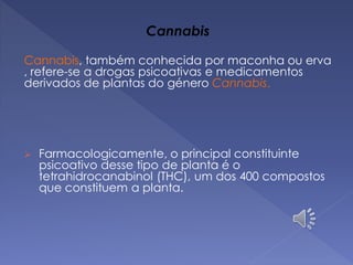 Cannabis
Cannabis, também conhecida por maconha ou erva
, refere-se a drogas psicoativas e medicamentos
derivados de plantas do género Cannabis.
 Farmacologicamente, o principal constituinte
psicoativo desse tipo de planta é o
tetrahidrocanabinol (THC), um dos 400 compostos
que constituem a planta.
 