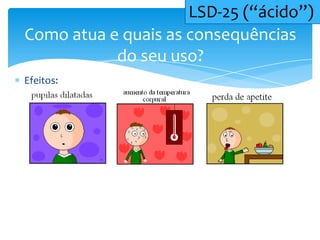 Efeitos:
Como atua e quais as consequências
do seu uso?
LSD-25 (“ácido”)
 
