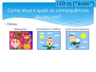Efeitos:
Como atua e quais as consequências
do seu uso?
LSD-25 (“ácido”)
 