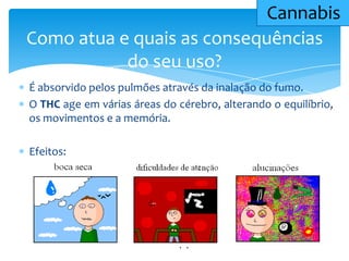 Como atua e quais as consequências
do seu uso?
Cannabis
É absorvido pelos pulmões através da inalação do fumo.
O THC age em várias áreas do cérebro, alterando o equilíbrio,
os movimentos e a memória.
Efeitos:
 