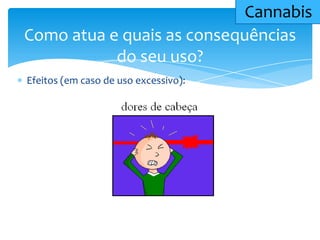 Como atua e quais as consequências
do seu uso?
Cannabis
Efeitos (em caso de uso excessivo):
 