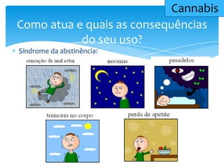 Como atua e quais as consequências
do seu uso?
Cannabis
Síndrome da abstinência:
 