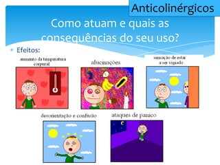 Efeitos:
Como atuam e quais as
consequências do seu uso?
Anticolinérgicos
 