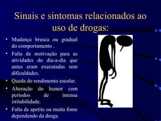 Sinais e sintomas relacionados ao
uso de drogas:
• Mudança brusca ou gradual
do comportamento .
• Falta de motivação para as
atividades do dia-a-dia que
antes eram executadas sem
dificuldades.
• Queda do rendimento escolar.
• Alteração do humor com
períodos de intensa
irritabilidade.
• Falta de apetite ou muita fome
dependendo da droga.
 