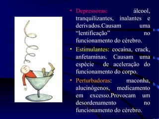 • Depressoras: álcool,
tranquilizantes, inalantes e
derivados.Causam uma
“lentificação” no
funcionamento do cérebro.
• Estimulantes: cocaína, crack,
anfetaminas. Causam uma
espécie de aceleração do
funcionamento do corpo.
• Perturbadoras: maconha,
alucinógenos, medicamento
em excesso.Provocam um
desordenamento no
funcionamento do cérebro.
 