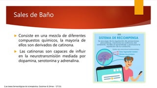  Consiste en una mezcla de diferentes
compuestos químicos, la mayoría de
ellos son derivados de catinona.
 Las catinonas son capaces de influir
en la neurotransmisión mediada por
dopamina, serotonina y adrenalina.
(Las bases farmacológicas de la terapéutica, Goodman & Gilman - 12ª Ed)
Sales de Baño
 