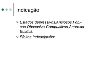 Indicação Estados depressivos,Ansiosos,Fóbi-cos,Obsessivo-Compulsivos,Anorexia Bulimia. Efeitos Indesejavéis: 