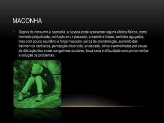 MACONHA
•   Depois de consumir a cannabis, a pessoa pode apresentar alguns efeitos físicos, como
    memória prejudicada, confusão entre passado, presente e futuro, sentidos aguçados,
    mas com pouco equilíbrio e força muscular, perda da coordenação, aumento dos
    batimentos cardíacos, percepção distorcida, ansiedade, olhos avermelhados por causa
    da dilatação dos vasos sanguíneos oculares, boca seca e dificuldade com pensamentos
    e solução de problemas.
 