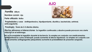 AJO
Familia Allium
Nombre común Ajo
Parte utilizada Bulbo
Propiedades y usos Antihipertensivo, hipolipemiante, diurético, bactericida, antiviral,
anticoagulante.
Posología Dosis de 2-3 dientes diarios.
Efectos adversos e interacciones Su ingestión continuada y abusiva puede provocar una cierta
irritación en el estómago.
No es aconsejable la ingestión durante la lactancia. Su empleo en conjunto con medicamentos
antihipertensivos como el lisinopril, puede aumentar el efecto hipotensor. Su empleo en conjunto con
medicamentos antiagregantes plaquetarios aumenta la probabilidad de presentar sangrado.
 