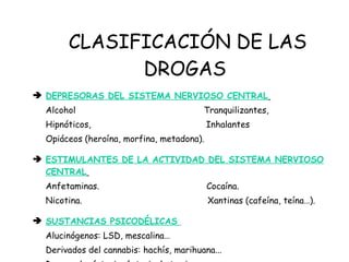 CLASIFICACIÓN DE LAS DROGAS   DEPRESORAS DEL SISTEMA NERVIOSO CENTRAL   Alcohol   Tranquilizantes,  Hipnóticos,  Inhalantes Opiáceos (heroína, morfina, metadona). ESTIMULANTES DE LA ACTIVIDAD DEL SISTEMA NERVIOSO CENTRAL   Anfetaminas.   Cocaína.   Nicotina.   Xantinas (cafeína, teína…). SUSTANCIAS PSICODÉLICAS  Alucinógenos: LSD, mescalina… Derivados del cannabis: hachís, marihuana...   Drogas de síntesis: éxtasis, ketamina... 