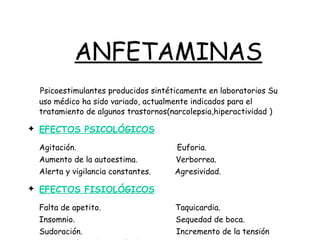 ANFETAMINAS   Psicoestimulantes producidos sintéticamente en laboratorios   Su   uso médico ha sido variado, actualmente indicados para el tratamiento de algunos trastornos ( narcolepsia ,hiperactividad   ) EFECTOS PSICOLÓGICOS   Agitación.   Euforia. Aumento de la autoestima.   Verborrea. Alerta y vigilancia constantes.   Agresividad. EFECTOS FISIOLÓGICOS   Falta de apetito.   Taquicardia. Insomnio.   Sequedad de boca. Sudoración.   Incremento de la tensión Contracción de la mandíbula. 
