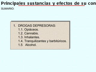 SUMARIO: Tema 4: Principales sustancias y efectos de su consumo DROGAS DEPRESORAS: 1.1. Opiáceos. 1.2. Cannabis. 1.3. Inhalantes. 1.4. Tranquilizantes y barbitúricos. 1.5  Alcohol. 
