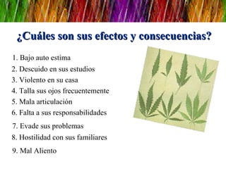 ¿Cuáles son sus efectos y consecuencias? 1. Bajo auto estima 2. Descuido en sus estudios 3. Violento en su casa 4. Talla sus ojos frecuentemente 5. Mala articulación 6. Falta a sus responsabilidades 7. Evade sus problemas 8. Hostilidad con sus familiares 9. Mal Aliento 