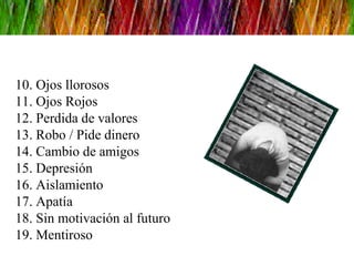 10. Ojos llorosos 11. Ojos Rojos 12. Perdida de valores 13. Robo / Pide dinero 14. Cambio de amigos 15. Depresión 16. Aislamiento 17. Apatía 18. Sin motivación al futuro 19. Mentiroso 