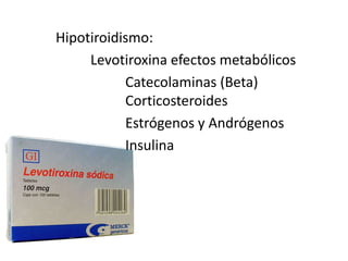 Hipotiroidismo:Levotiroxina efectos metabólicosCatecolaminas (Beta)Corticosteroides	Estrógenos y Andrógenos	Insulina