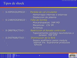 Tipos de shock S.HIPOVOLEMICO :  Perdida de vol circulante  Hemorragia internas o externas  Depleccion de plasma  S CARDIOGENICO :  Falla de bomba   Miocardiopatias: IAM MD Mecanicas:  CIV IM Arritmias S OBSTRUCTIVO :  Restriccion al llenado ventricular Taponamiento cardiaco neumotorax a  .  tension  TEP HTP S.DISTRIBUTIVO :  Disminucion de la RVS .  Sepsis anafilaxia Lesion medula  .  espinal Ins. Suprarenal productos  .  toxicos  