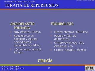 SINDROME CORONARIO AGUDO   TERAPIA DE REPERFUSION ANGIOPLASTIA PRIMARIA Muy efectiva (90%). Requiere de un pabellón y equipo hemodinamia disponible las 24 hr. t (door-open vessel): 90 min TROMBOLISIS Menos efectiva (60-80%) Rápida y fácil de administrar. STREPTOKINASA, tPA, Alteplase, etc. t (door-needle): 30 min CIRUGÍA 