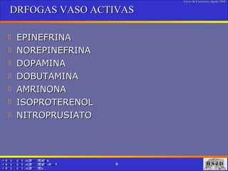 DRFOGAS VASO ACTIVAS EPINEFRINA  NOREPINEFRINA  DOPAMINA DOBUTAMINA AMRINONA  ISOPROTERENOL NITROPRUSIATO  