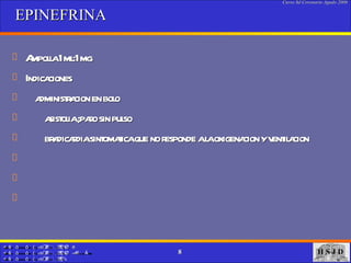 EPINEFRINA Ampolla 1ml:1mg Indicaciones administracion en bolo asistolia ;paro sin pulso bradicardia sintomatica que no responde a la oxigenacion y ventilacion 