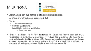 MILRINONA
• Usos: GC bajo con RVS normal o alta, disfunción diastólica.
• No afecta cronotropismo a pesar de ↓ RVS
• Efectos:
• ↓Consumo O2 miocardio.
• Inótropo– Lusitropismo.
• Vasodilatador pulmonar y sistémico:
• ↑ GC y ↓post carga.
• Fármaco inhibidor de la fosfodiesterasa III. Causa un incremento del GC y
vasodilatación sistémica y pulmonar y reduce las presiones de llenado del
ventrículo izquierdo. No produce el fenómeno de regulación a la baja, por lo que
no crea tolerancia. Se produce sinergia inotrópica cuando se combina con
fármacos adrenérgicos, por sus distintos mecanismos de acción.
 