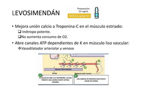 LEVOSIMENDÁN
• Mejora unión calcio a Troponina-C en el músculo estriado:
 Inótropo potente.
No aumenta consumo de O2.
• Abre canales ATP dependientes de K en músculo liso vascular:
Vasodilatador arteriolar y venoso
 