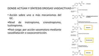 DONDE ACTÚAN Y SÍNTESIS DROGAS VASOACTIVAS
• Acción sobre uno o más mecanismos del
GC.
•Nivel de inotropismo, cronotropismo,
lusitropismo.
•Post-carga: por acción vasomotora mediante
vasodilatación o vasoconstricción.
 
