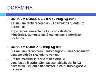 DOPAMINADOPA EM DOSES DE 5,0 A 10 mcg Kg min:    Estimulam tanto receptores β1 cardíacos quanto β2 periféricos    Logo temos aumento da FC, contratilidade miocárdica, aumento do tônus venoso e arteriolar periférico.DOPA EM DOSE > 10 mcg Kg min:     Estimulam receptores α adrenérgicos, desencadeando vasoconstrição arteriolar e venosaEfeitos colaterais: taquiarritmia atrial e ventriculat, hipertensão, vasoconstrição periférica excessiva, isquemia miocárdica e de outros órgãos e vísceras.