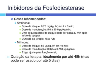 Inibidores da FosfodiesteraseDoses recomendadas: Amrinona: Dose de ataque: 0,75 mg/kg, IV, em 2 a 3 min; Dose de manutenção: 5,0 a 10,0 µg/kg/min; Uma segunda dose de ataque pode ser dada 30 min após início da terapia; Duração da terapia: 48 a 72h; Milrinona: Dose de ataque: 50 µg/kg, IV, em 10 min; Dose de manutenção: 0,375 a 0,750 µg/kg/min; Exige ajuste para função renal; Duração da terapia: idealmente por até 48h (mas pode ser usado por até 5 dias);