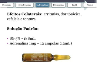 Efeitos Colaterais: arritmias, dor torácica,
cefaleia e tontura.
Solução Padrão:
• SG 5% - 188mL
• Adrenalina 1mg – 12 ampolas (12mL)
 