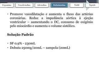 • Promove vasodilatação e aumenta o fluxo das artérias
coronárias. Reduz a impedância aórtica à ejeção
ventricular – aumentando o DC, consumo de oxigênio
pelo miocárdio e aumenta o volume sistólico.
Solução Padrão
• SF 0,9% - 230mL
• Dobuta 250mg/20mL – 1ampola (20mL)
 