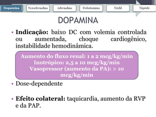 • Indicação: baixo DC com volemia controlada
ou aumentada, choque cardiogênico,
instabilidade hemodinâmica.
• Dose-dependente
• Efeito colateral: taquicardia, aumento da RVP
e da PAP.
Aumento do fluxo renal: 1 a 2 mcg/kg/min
Inotrópico: 2,5 a 10 mcg/kg/min
Vasopressor (aumento da PA): > 10
mcg/kg/min
DOPAMINA
 