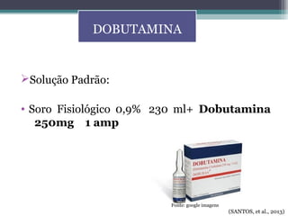 Solução Padrão:
• Soro Fisiológico 0,9% 230 ml+ Dobutamina
250mg 1 amp
DOBUTAMINA
(SANTOS, et al., 2013)
Fonte: google imagens
 