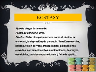 ECSTASY
Tipo de droga: Estimulante.
Forma de consumo: Oral.
Efectos: Disturbios psiquiátricos como el pánico, la
ansiedad, la depresión y la paranoia. Tensión muscular,
náusea, visión borrosa, transpiración, palpitaciones
elevadas, estremecimientos, alucinaciones, desmayos,
escalofríos, problemas para dormir y falta de apetito.

 