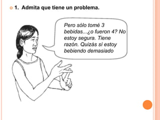  1. Admita que tiene un problema.
Pero sólo tomé 3
bebidas...¿o fueron 4? No
estoy segura. Tiene
razón. Quizás sí estoy
bebiendo demasiado
 