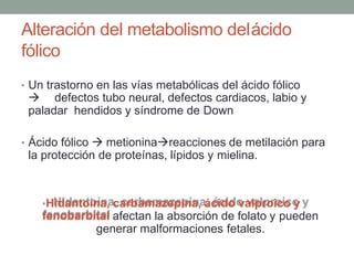 Alteración del metabolismo delácido
fólico
• Un trastorno en las vías metabólicas del ácido fólico
 defectos tubo neural, defectos cardiacos, labio y
paladar hendidos y síndrome de Down
• Ácido fólico  metioninareacciones de metilación para
la protección de proteínas, lípidos y mielina.
•Hidantoína, carbamazepina, ácido valproico y
fenobarbital afectan la absorción de folato y pueden
generar malformaciones fetales.
 