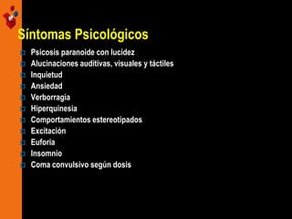 Síntomas Psicológicos
 Psicosis paranoide con lucidez
 Alucinaciones auditivas, visuales y táctiles
 Inquietud
 Ansiedad
 Verborragia
 Hiperquinesia
 Comportamientos estereotipados
 Excitación
 Euforia
 Insomnio
 Coma convulsivo según dosis
 