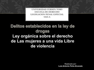 UNIVERSIDAD FERMIN TORO
ESCUELA DE DERECHO
LEGISLACION PENAL ESPECIAL
SAIA A
Ley orgánica sobre el derecho
de Las mujeres a una vida Libre
de violencia
Realizado por:
Luis Antonio Peña Alvarado
 