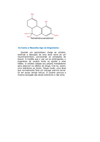 6) Como a Maconha Age no Organismo:

    Quando um psicotrópico chega ao cérebro,
estimula a liberação de uma dose extra de um
neurotransmissor, provocando as sensações de
prazer. À medida que o uso vai se prolongando, o
organismo do usuário tenta se ajustar a esse
hábito. O cérebro adapta seu próprio metabolismo
para absorver os efeitos da droga. Cria-se, assim,
uma tolerância ao tóxico. Desse modo, uma dose
que normalmente faria um estrago enorme torna-
se em pouco tempo inócua. O usuário procura a
mesma sensação das doses anteriores e não acha.
 