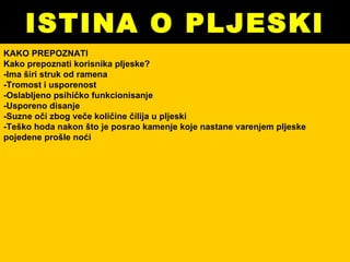 ISTINA O PLJESKI KAKO PREPOZNATI Kako prepoznati korisnika pljeske? -Ima širi struk od ramena -Tromost i usporenost -Oslabljeno psihičko funkcionisanje -Usporeno disanje -Suzne oči zbog veče količine čilija u pljeski -Teško hoda nakon što je posrao kamenje koje nastane varenjem pljeske pojedene prošle noći 