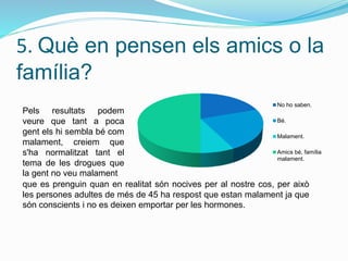 5. Què en pensen els amics o la
família?
No ho saben.
Bé.
Malament.
Amics bé, família
malament.
Pels resultats podem
veure que tant a poca
gent els hi sembla bé com
malament, creiem que
s'ha normalitzat tant el
tema de les drogues que
la gent no veu malament
que es prenguin quan en realitat són nocives per al nostre cos, per això
les persones adultes de més de 45 ha respost que estan malament ja que
són conscients i no es deixen emportar per les hormones.
 