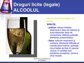 AGENŢIA NAŢIONALĂ
ANTIDROG
Droguri licite (legale)
ALCOOLUL
Cel mai folosit drog legal la ora
actuala
EFECTE:
- psihice: reduce inhibiţia;
determină o stare de relaxare şi
bună dispoziţie; lipsa de
concentrare; slăbirea judecăţii;
pierderea autocontrolului.
- fizice: tulburări respiratorii şi
cardiace; afectează reflexele şi
coordonarea motorie; sporeşte
riscul bolilor de ficat (în special
ciroza); în cantităţi mari:
pierderea cunoştinţei, comă şi
chiar moarte.
 