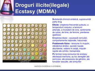AGENŢIA NAŢIONALĂ ANTIDROG
Droguri ilicite(ilegale)
Ecstasy (MDMA)
Substanţă chimică sintetică, supranumită
party drug
Efecte: creşterea frecvenţei pulsului, a
temperaturii corpului, a tensiunii
arteriale, a încrederii de sine, sentimente
de iubire, de bine, de fericire, pierderea
apetitului
Creşterea dozei - cauzează convulsii,
comportamente iraţionale, halucinaţii.
Problemele fizice - tensiune în muşchi,
clănţănitul dinţilor, secreţii nazale
abundente, vedere în ceaţă, mişcări
rapide ale ochilor, transpiraţie
Pe termen lung consumul de ecstasy
afectează memoria, au loc dereglări ale
somnului, ale procesului de gândire, ale
funcţiilor sexuale, ale simţurilor
 