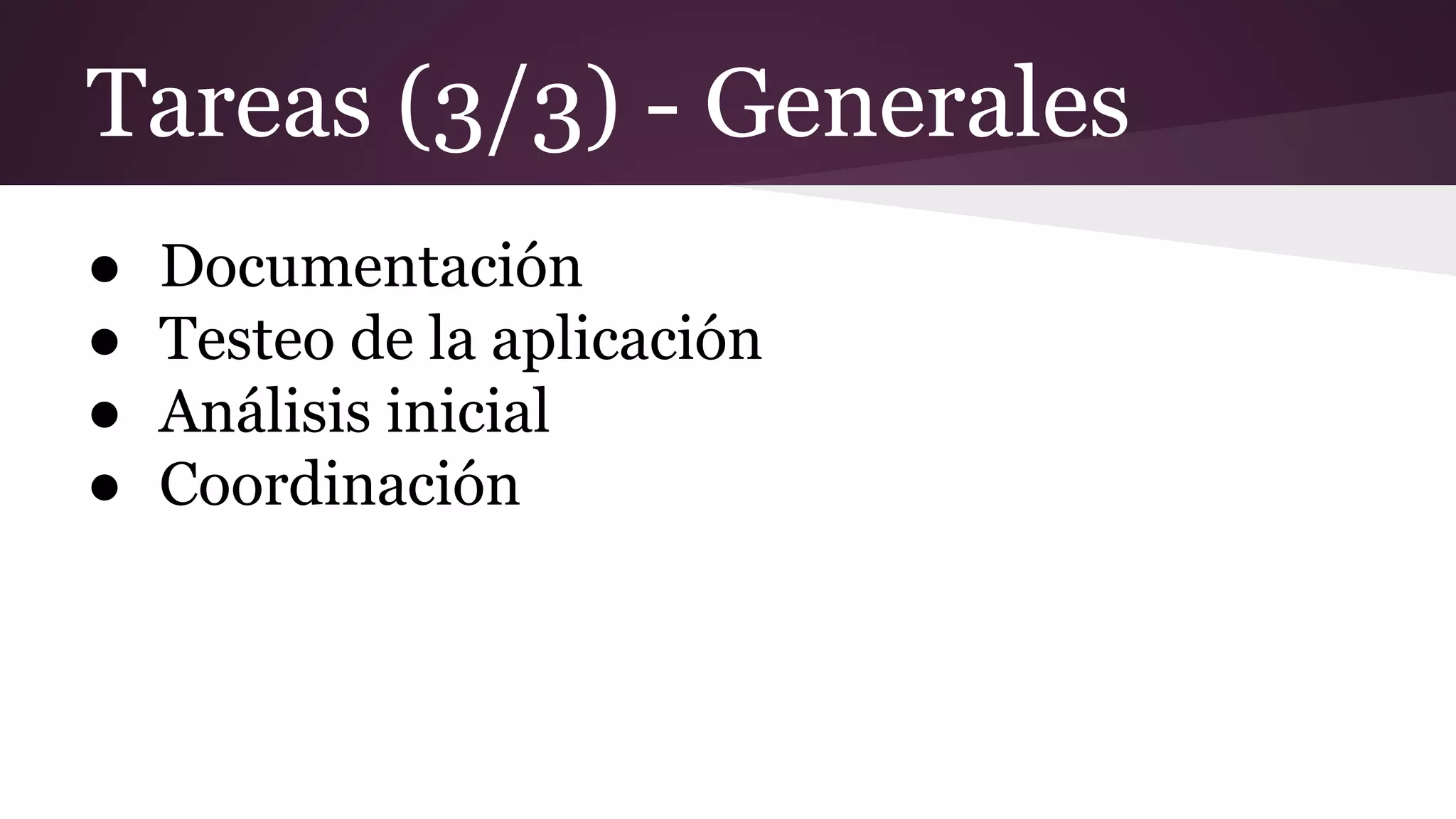 Tareas (3/3) - Generales
●
●
●
●

Documentación
Testeo de la aplicación
Análisis inicial
Coordinación

 