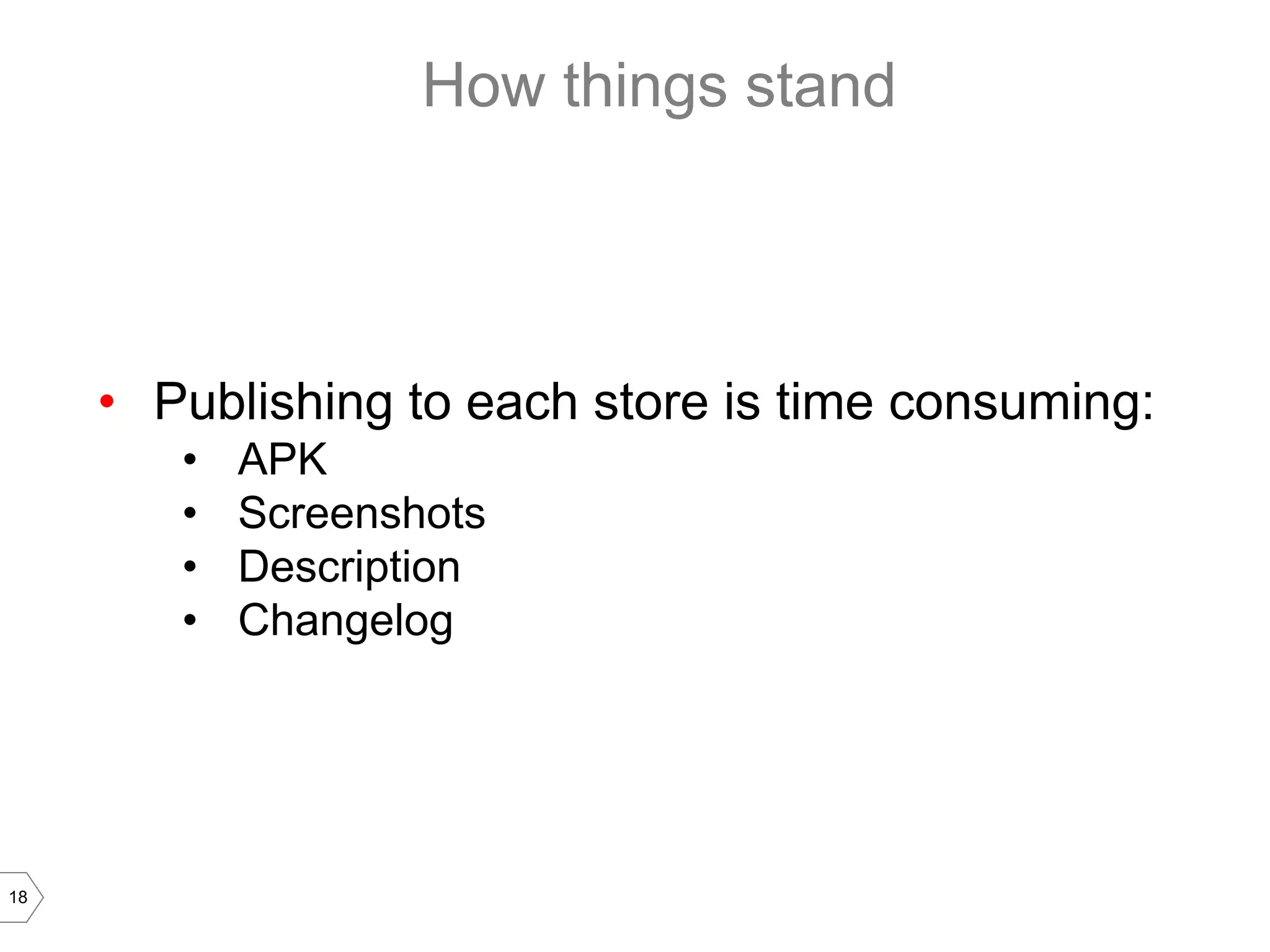 How things stand




     • Publishing to each store is time consuming:
        •   APK
        •   Screenshots
        •   Description
        •   Changelog




18
 