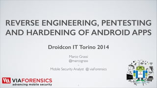 REVERSE ENGINEERING, PENTESTING 
AND HARDENING OF ANDROID APPS 
Droidcon IT Torino 2014 
! 
Marco Grassi 
@marcograss 
- 
Mobile Security Analyst @ viaForensics 
1 
 