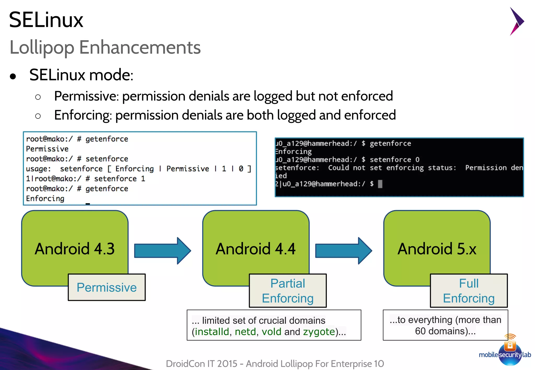 Lollipop Enhancements
SELinux
● SELinux mode:
○ Permissive: permission denials are logged but not enforced
○ Enforcing: permission denials are both logged and enforced
DroidCon IT 2015 - Android Lollipop For Enterprise 10
Android 4.3
Permissive
Android 4.4
Partial
Enforcing
Android 5.x
Full
Enforcing
... limited set of crucial domains
(installd, netd, vold and zygote)...
...to everything (more than
60 domains)...
 