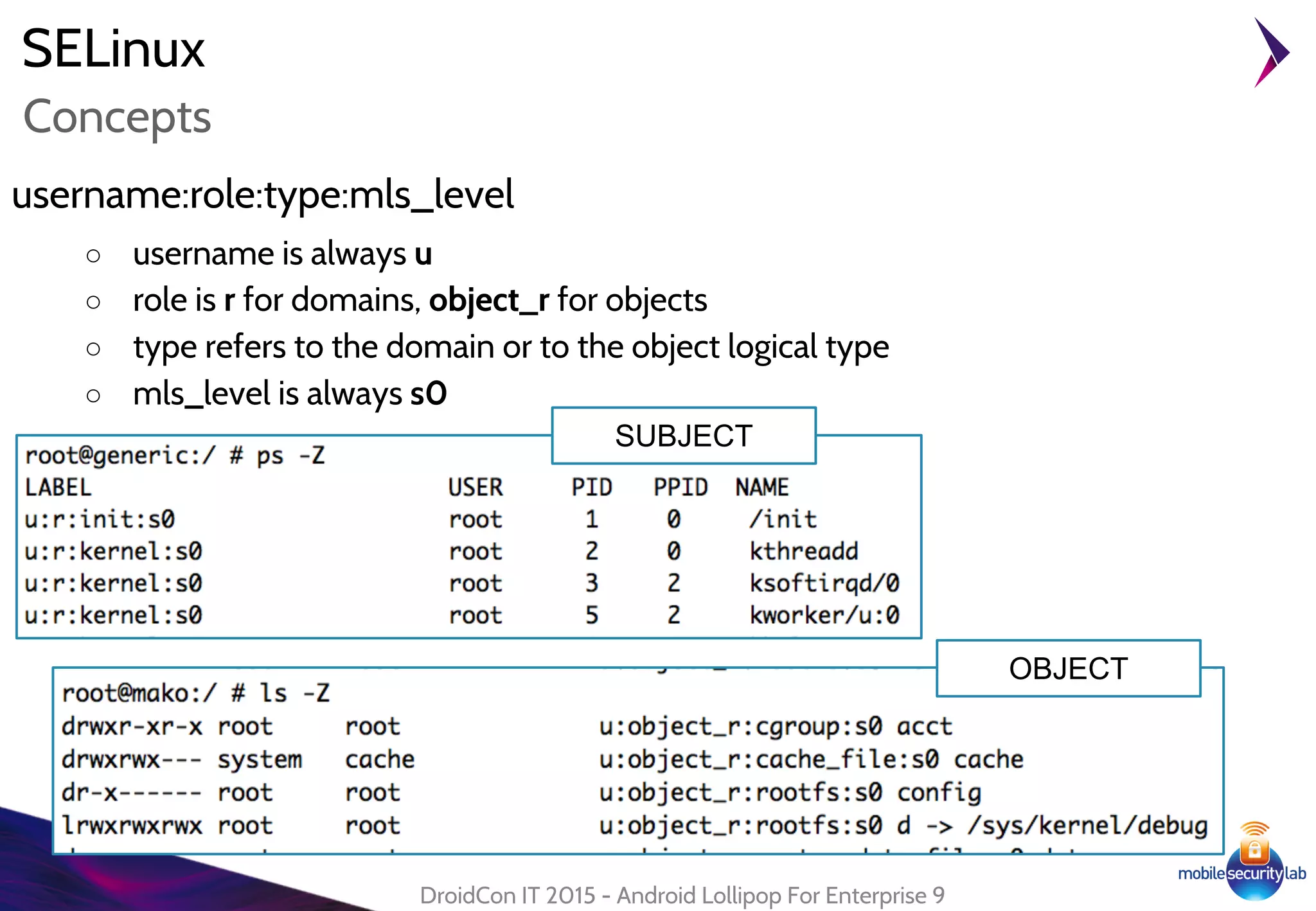 SELinux
username:role:type:mls_level
○ username is always u
○ role is r for domains, object_r for objects
○ type refers to the domain or to the object logical type
○ mls_level is always s0
DroidCon IT 2015 - Android Lollipop For Enterprise 9
Concepts
SUBJECT
OBJECT
 