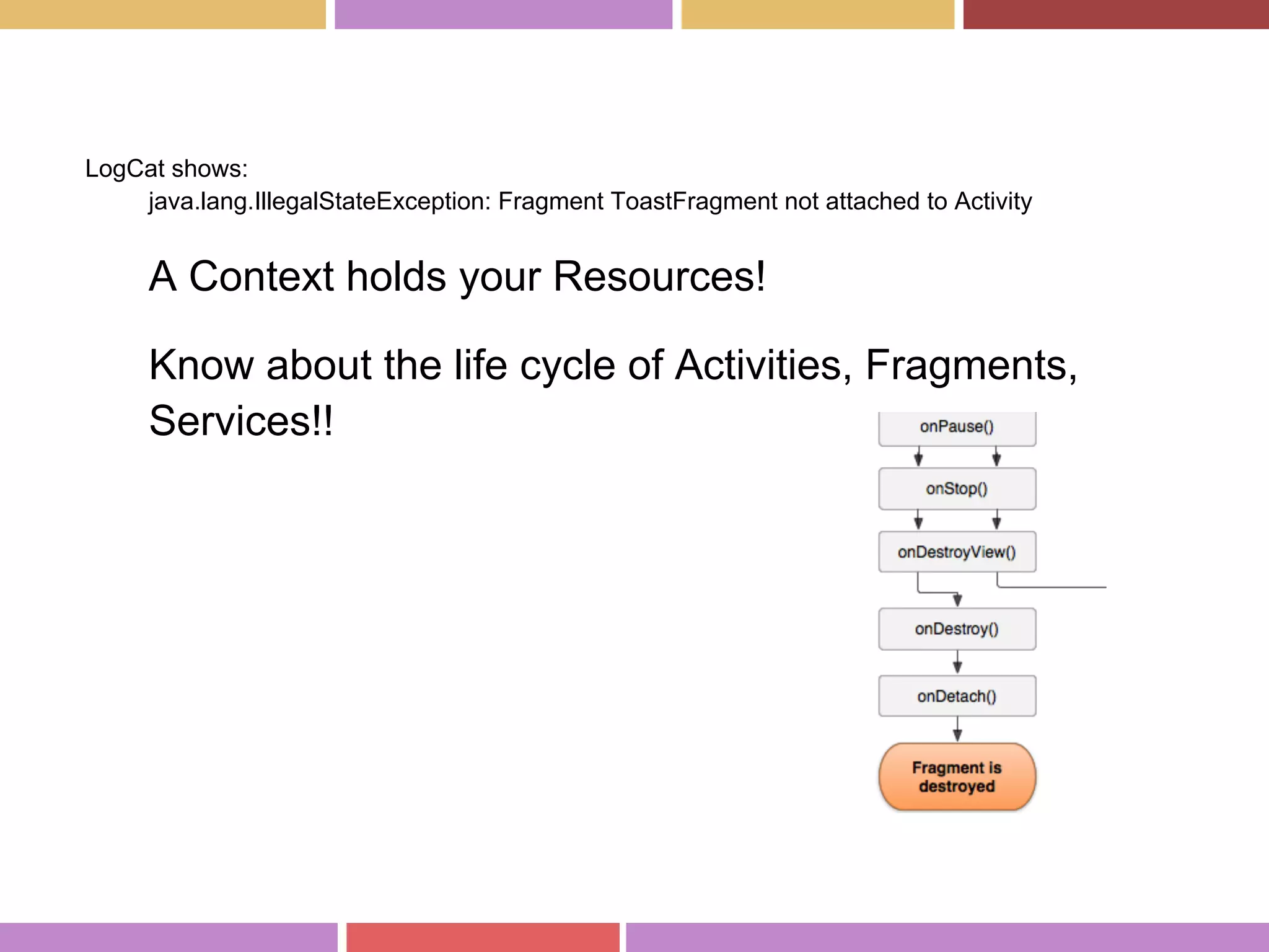 LogCat shows:
java.lang.IllegalStateException: Fragment ToastFragment not attached to Activity
A Context holds your Resources!
Know about the life cycle of Activities, Fragments,
Services!!
 