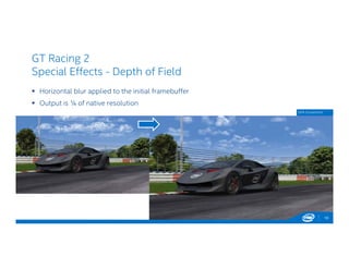 GT Racing 2
Special Effects - Depth of Field
 Horizontal blur applied to the initial framebuffer
 Output is ¼ of native resolution
10
GPA Screenshot
 